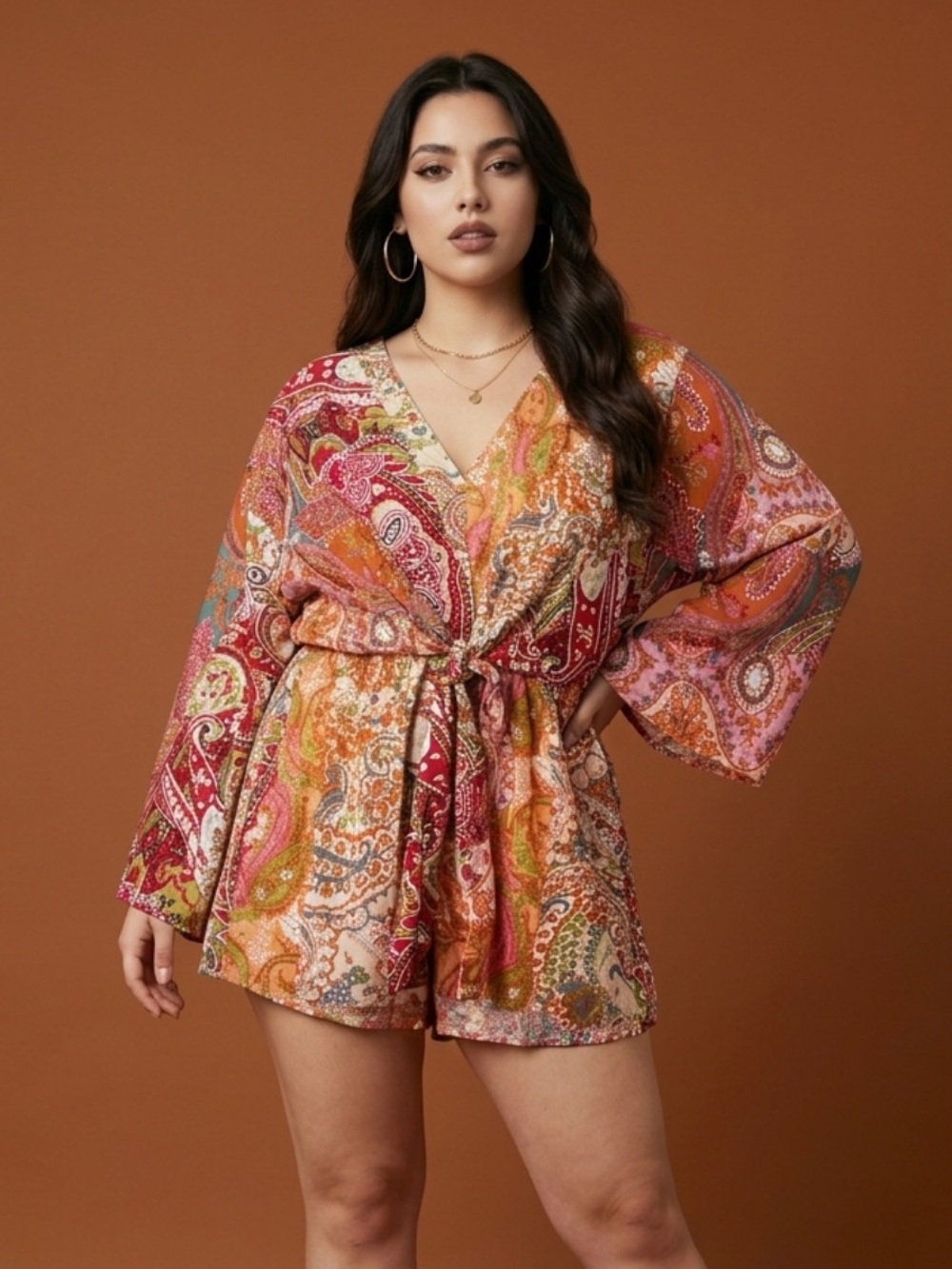 Pink Lily Boho Paisley Tie Waist Butterfly Sleeve Lined Romper